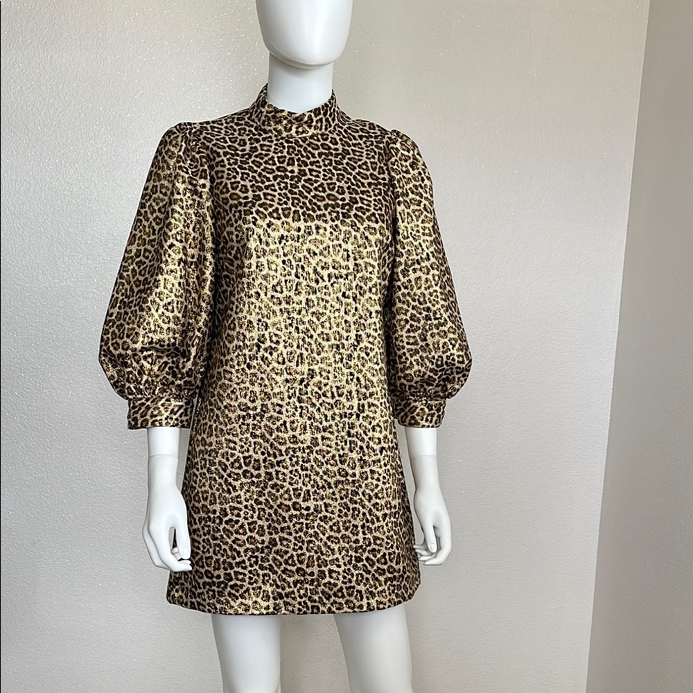 Zara Gold and Black Puff Sleeve A-line Dress